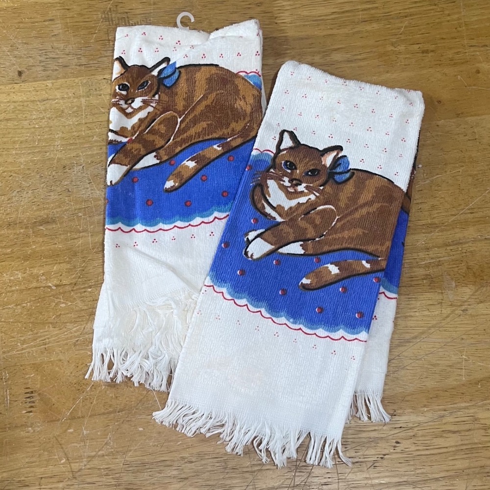 Vtg American Pacific Ginger Tabby Cat Hand Towels Set 2 Fringe Cottagecore